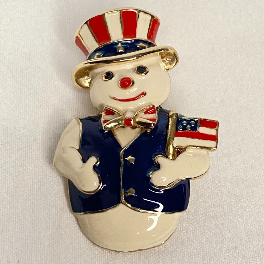 💎Patriotic Snowman Brooch And Pendant Heavy Gold Tone Enamel Cloisonne